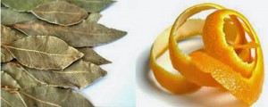 Cáscaras de naranja y hojas de laurel